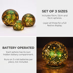 Christabelle 3 Green Glass Christmas LED Light Up Spheres Gold Pattern Table Decor Xmas Ornaments Battery Operated