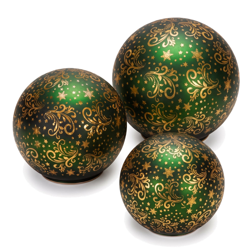 Christabelle 3 Green Glass Christmas LED Light Up Spheres Gold Pattern Table Decor Xmas Ornaments Battery Operated