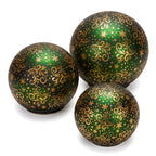 Christabelle 3 Green Glass Christmas LED Light Up Spheres Gold Pattern Table Decor Xmas Ornaments Battery Operated