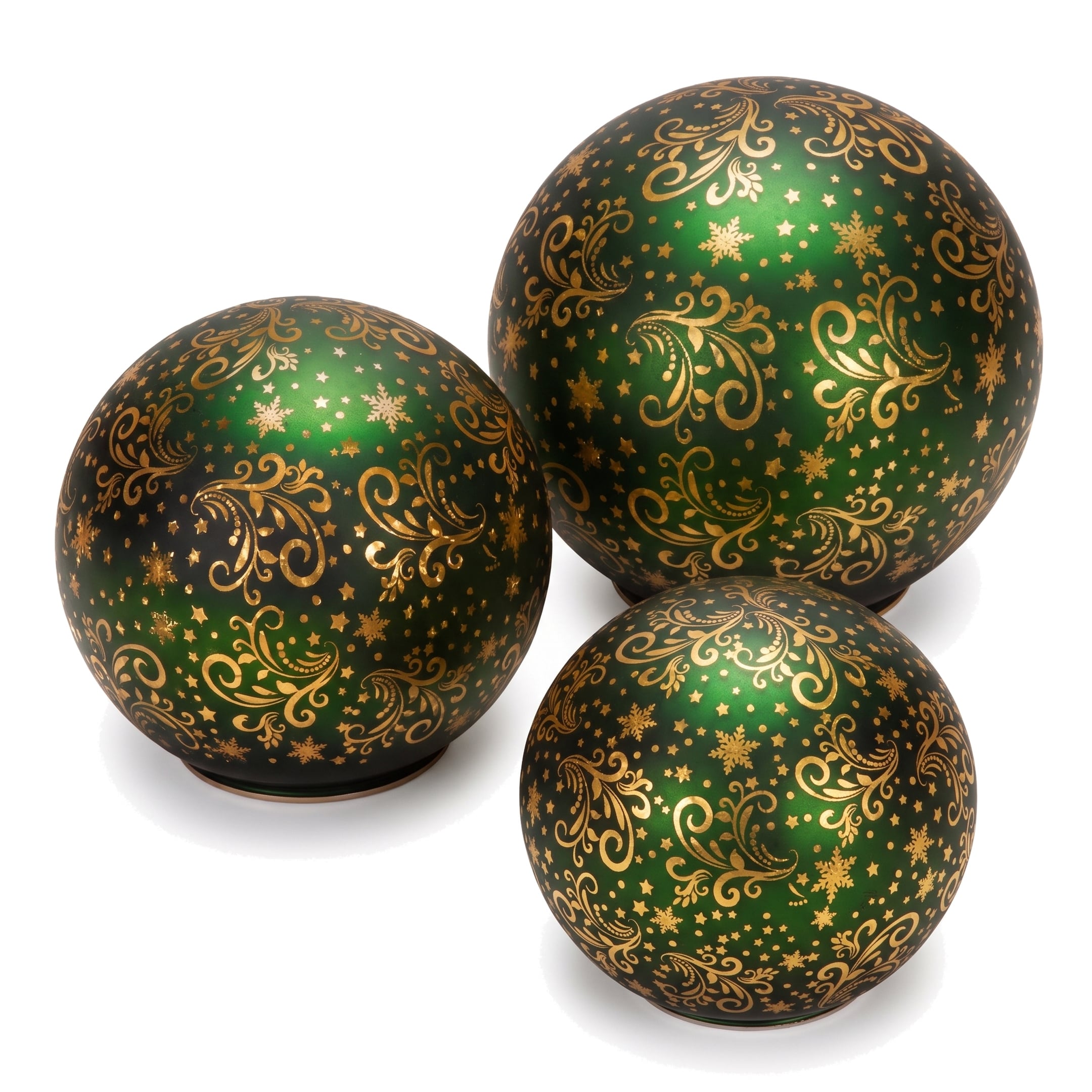 Christabelle 3 Green Glass Christmas LED Light Up Spheres Gold Pattern Table Decor Xmas Ornaments Battery Operated