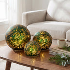 Christabelle 3 Green Glass Christmas LED Light Up Spheres Gold Pattern Table Decor Xmas Ornaments Battery Operated