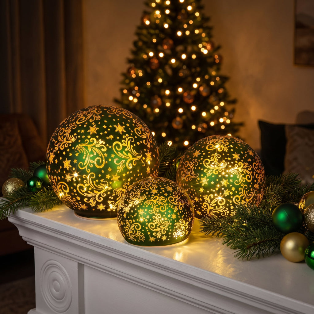 Christabelle 3 Green Glass Christmas LED Light Up Spheres Gold Pattern Table Decor Xmas Ornaments Battery Operated