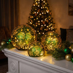 Christabelle 3 Green Glass Christmas LED Light Up Spheres Gold Pattern Table Decor Xmas Ornaments Battery Operated