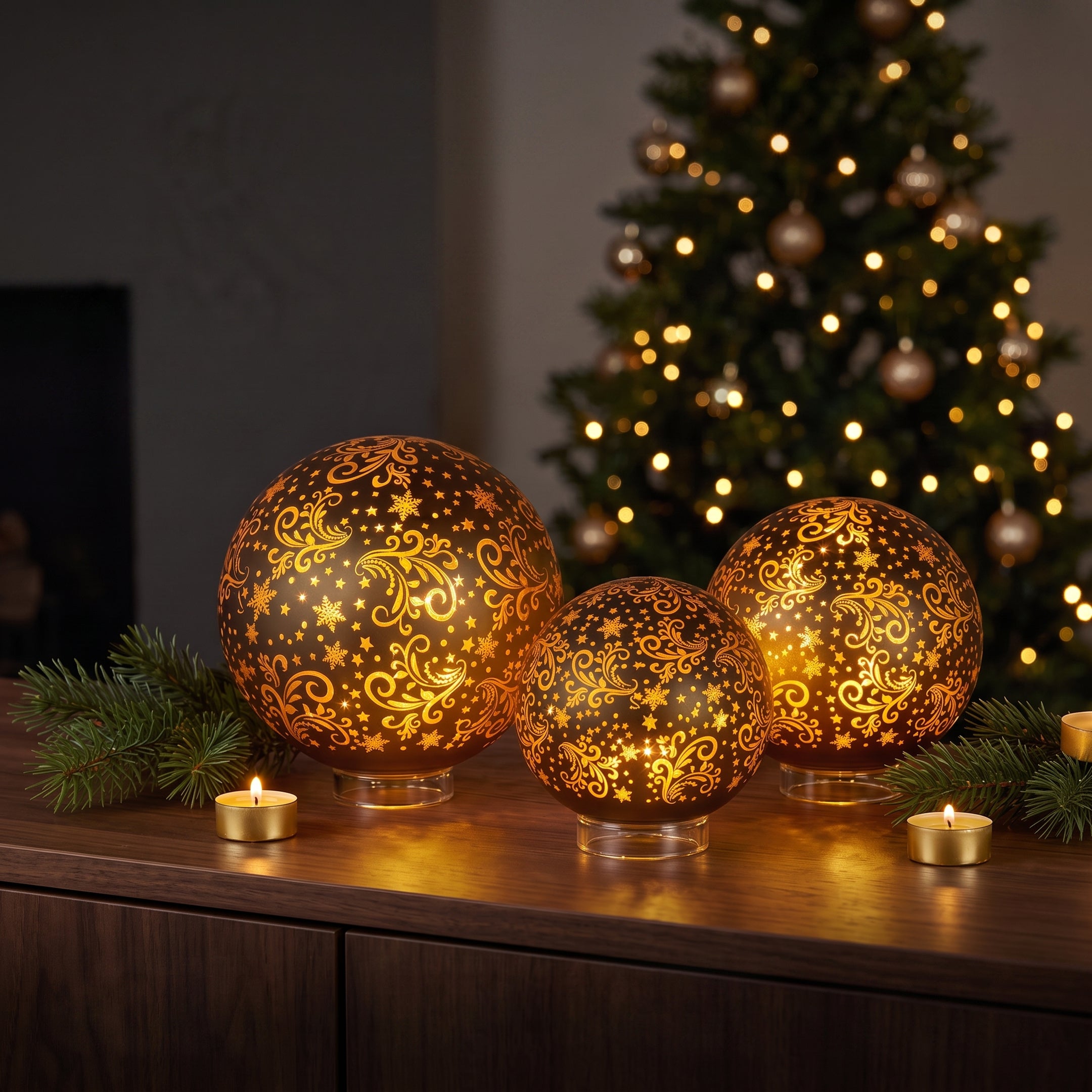 Christabelle 3 Gold Glass Christmas LED Light Up Spheres Patterned Table Decor Xmas Ornaments Battery Operated