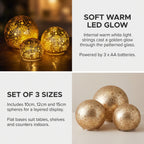 Christabelle 3 Gold Glass Christmas LED Light Up Spheres Patterned Table Decor Xmas Ornaments Battery Operated