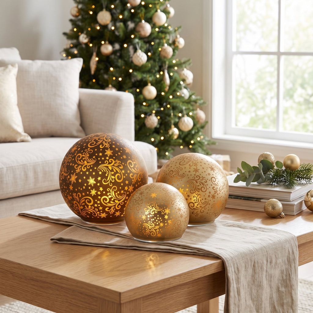 Christabelle 3 Gold Glass Christmas LED Light Up Spheres Patterned Table Decor Xmas Ornaments Battery Operated