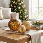 Christabelle 3 Gold Glass Christmas LED Light Up Spheres Patterned Table Decor Xmas Ornaments Battery Operated
