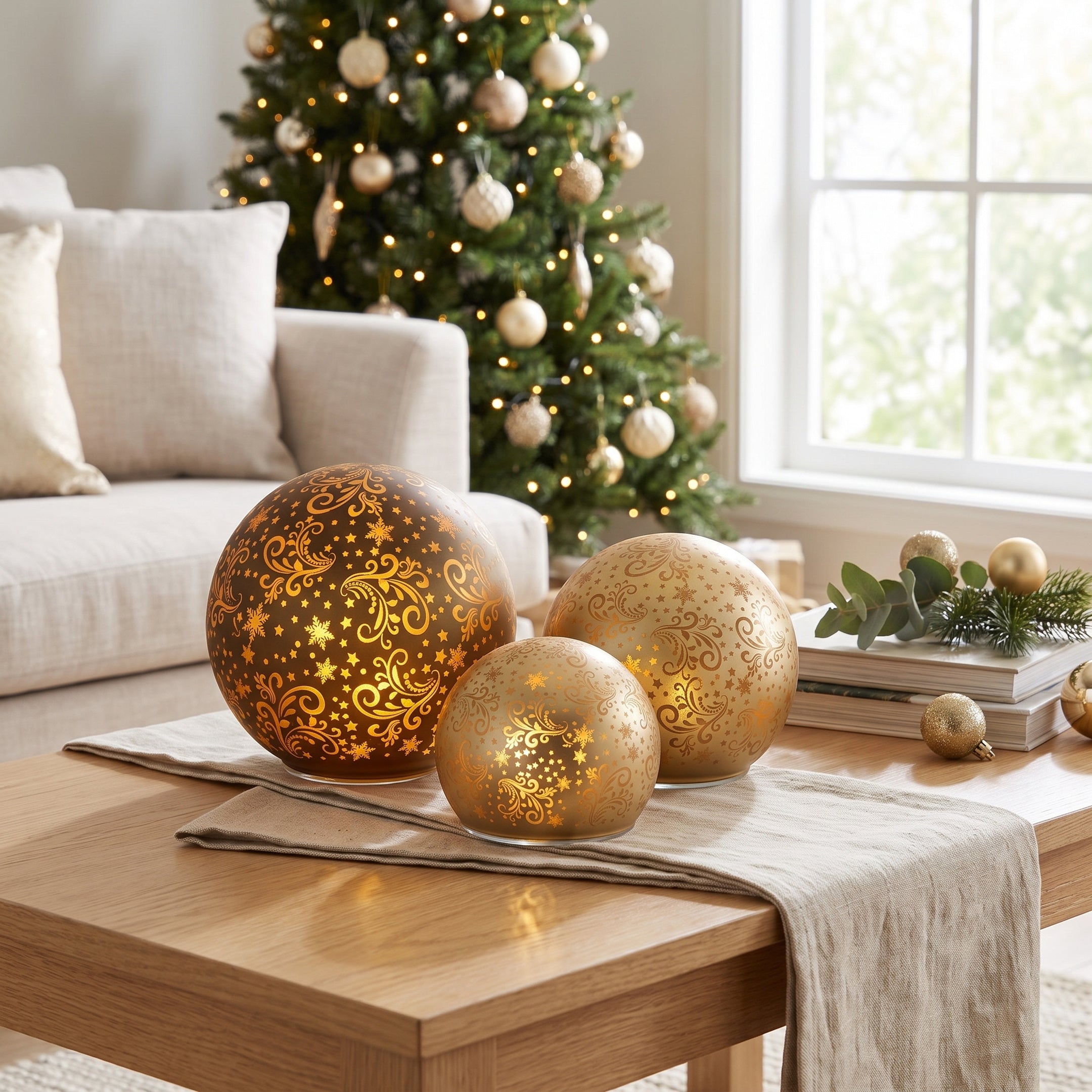 Christabelle 3 Gold Glass Christmas LED Light Up Spheres Patterned Table Decor Xmas Ornaments Battery Operated