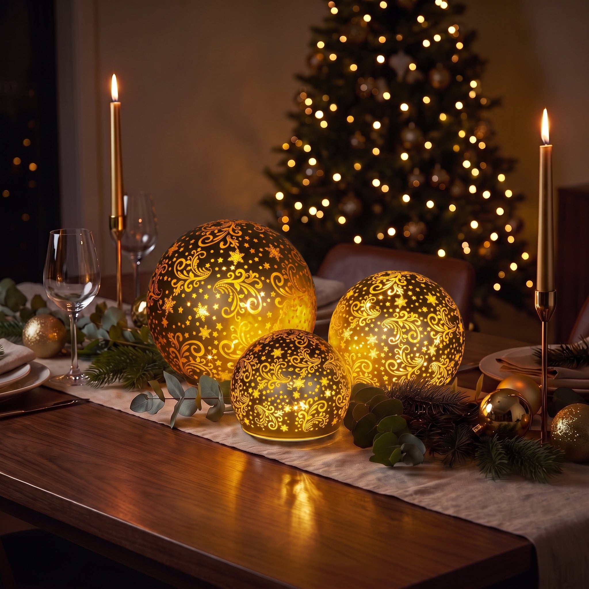Christabelle 3 Gold Glass Christmas LED Light Up Spheres Patterned Table Decor Xmas Ornaments Battery Operated
