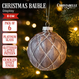 Christabelle Platinum Glass Baubles 6Pcs with Glittered Lattice Pattern Balls Christmas Tree Decoration Ornament