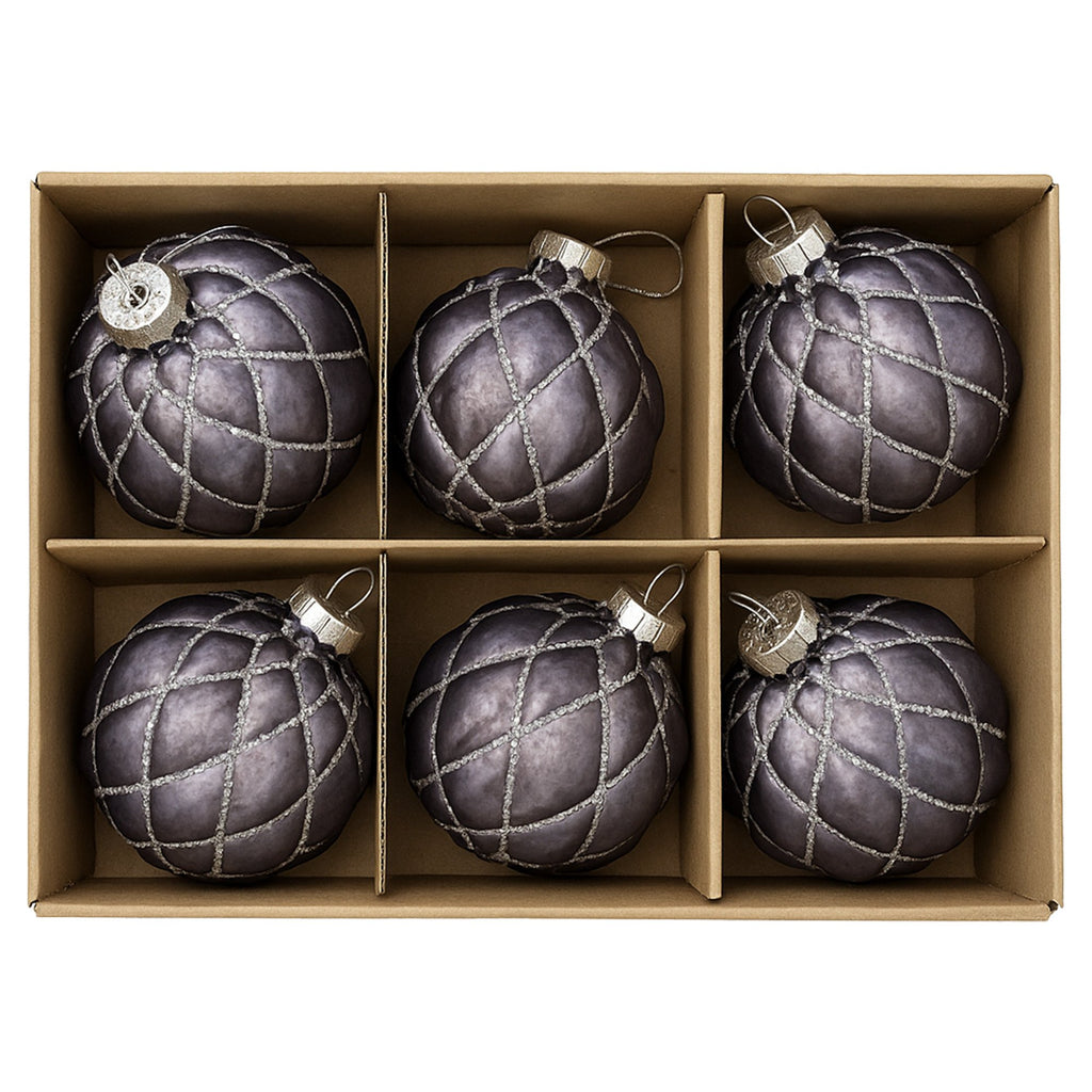 Christabelle Platinum Glass Baubles 6Pcs with Glittered Lattice Pattern Balls Christmas Tree Decoration Ornament