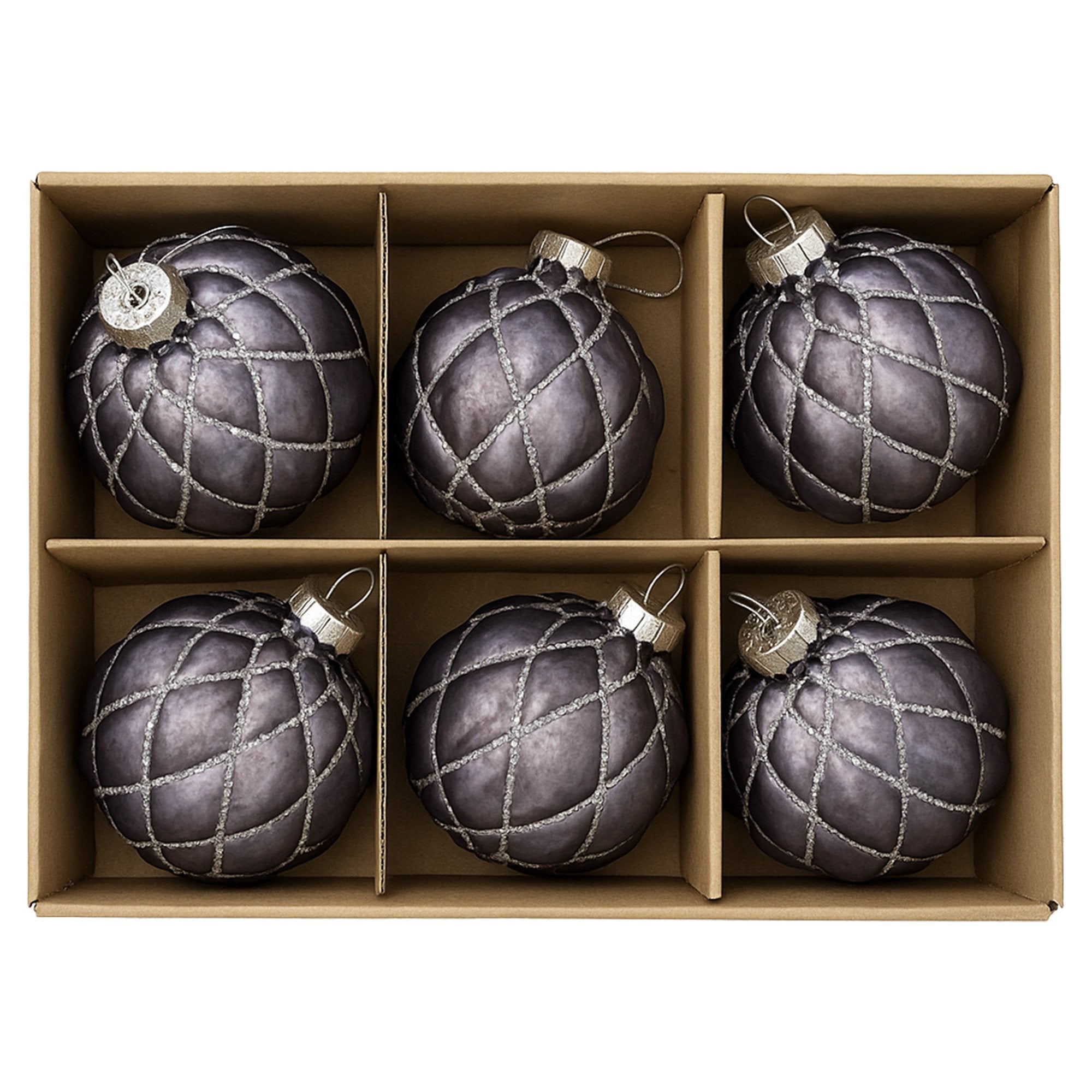 Christabelle Platinum Glass Baubles 6Pcs with Glittered Lattice Pattern Balls Christmas Tree Decoration Ornament