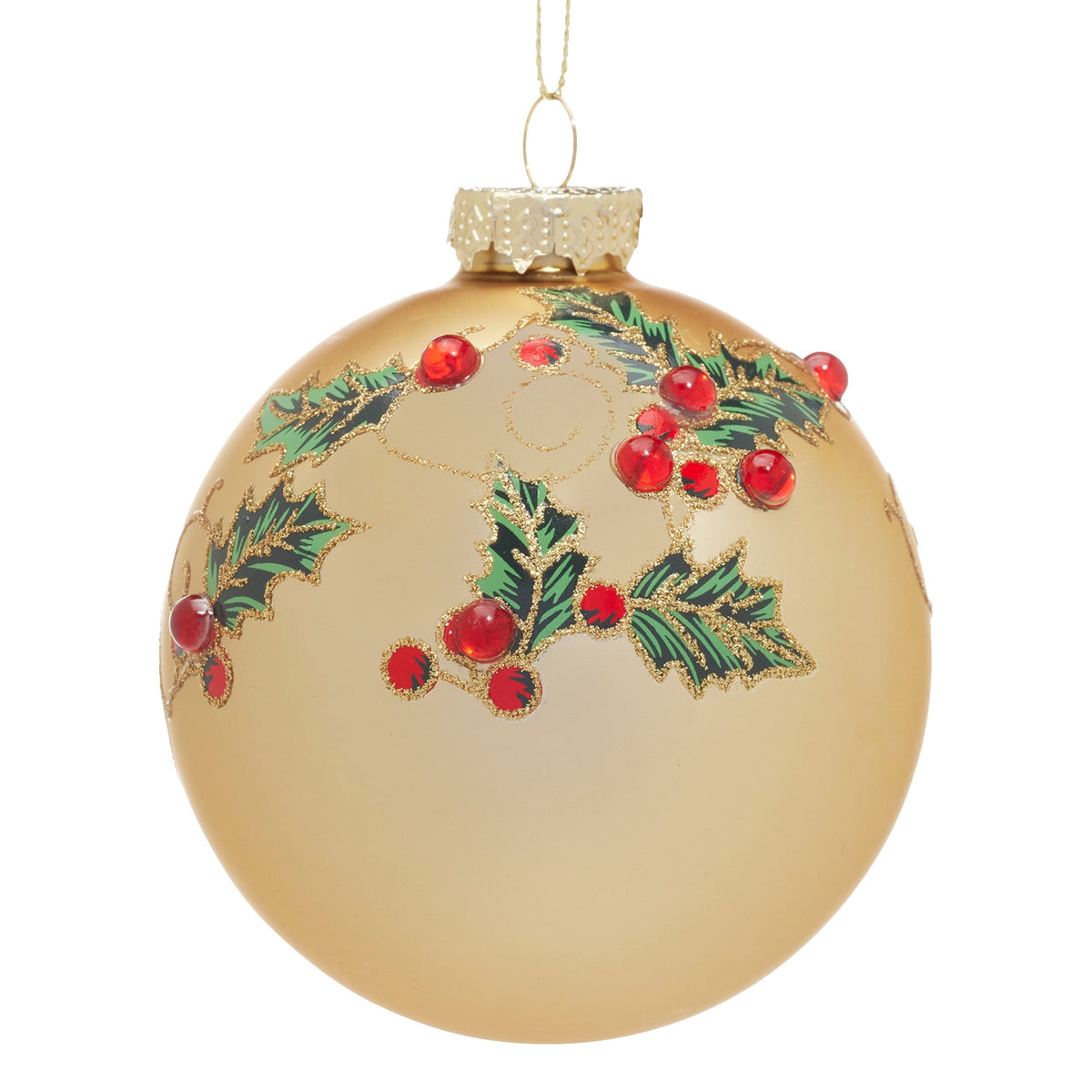 Christabelle Box of 6 Gold Glass Baubles with Holly Pattern and Jewels