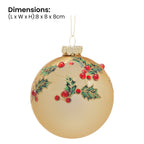 Christabelle Box of 6 Gold Glass Baubles with Holly Pattern and Jewels