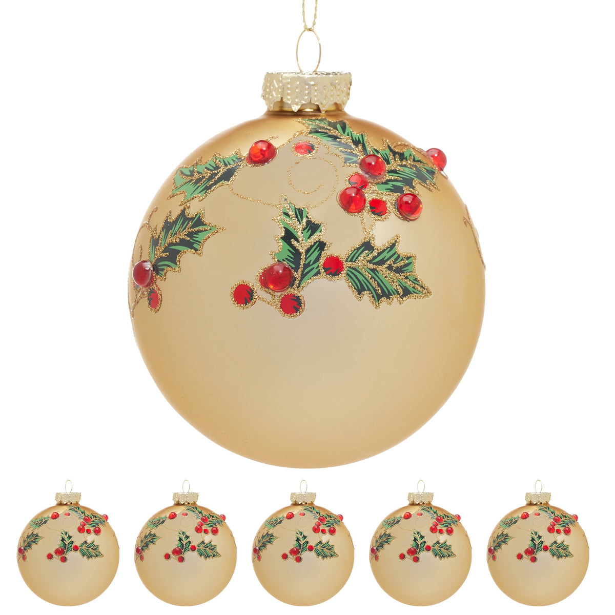 Christabelle Box of 6 Gold Glass Baubles with Holly Pattern and Jewels