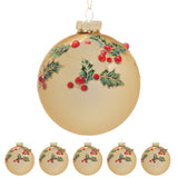 Christabelle Box of 6 Gold Glass Baubles with Holly Pattern and Jewels