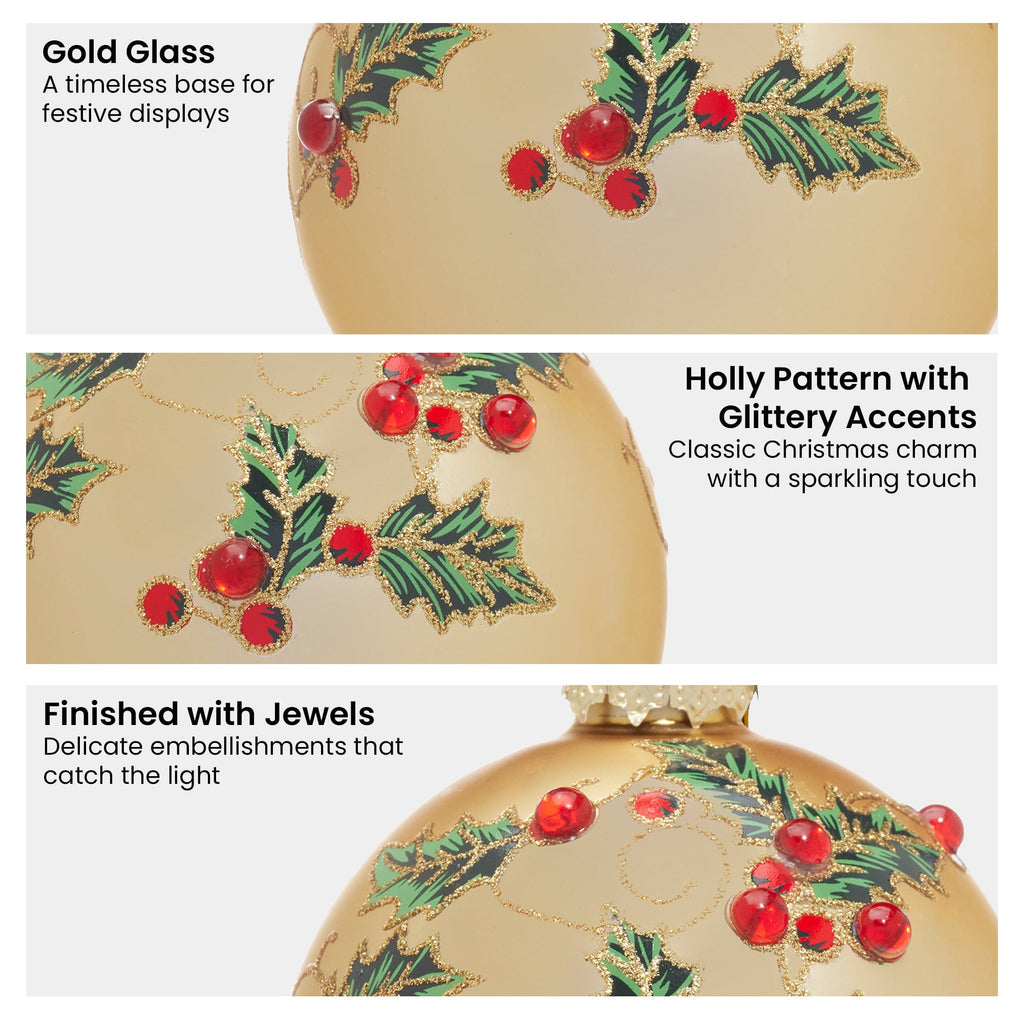 Christabelle Box of 6 Gold Glass Baubles with Holly Pattern and Jewels