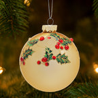 Christabelle Box of 6 Gold Glass Baubles with Holly Pattern and Jewels