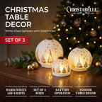 Christabelle 3 White Glass Christmas LED Light Up Spheres Gold Forest Table Decor Xmas Ornaments Battery Operated