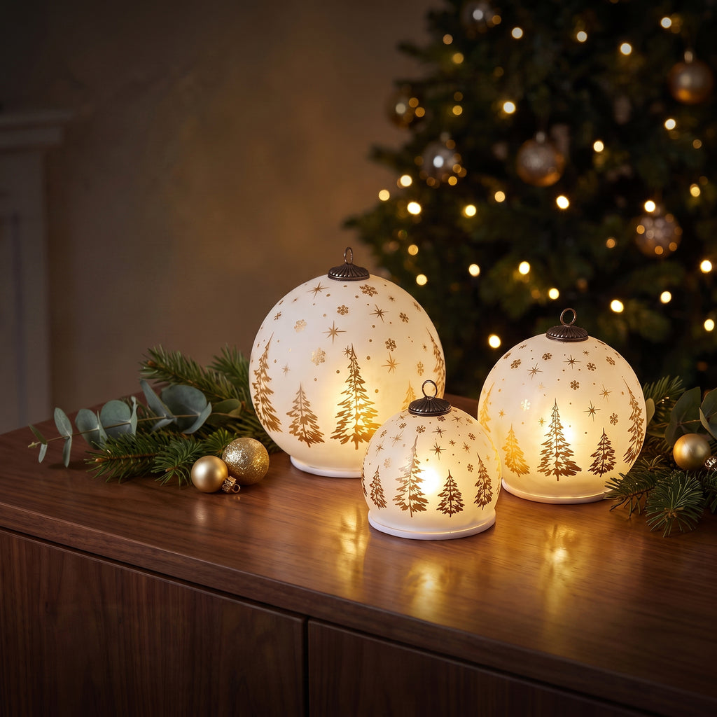 Christabelle 3 White Glass Christmas LED Light Up Spheres Gold Forest Table Decor Xmas Ornaments Battery Operated