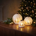 Christabelle 3 White Glass Christmas LED Light Up Spheres Gold Forest Table Decor Xmas Ornaments Battery Operated