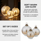 Christabelle 3 White Glass Christmas LED Light Up Spheres Gold Forest Table Decor Xmas Ornaments Battery Operated