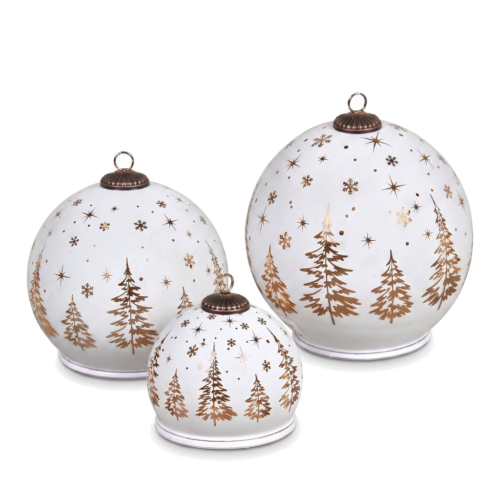 Christabelle 3 White Glass Christmas LED Light Up Spheres Gold Forest Table Decor Xmas Ornaments Battery Operated