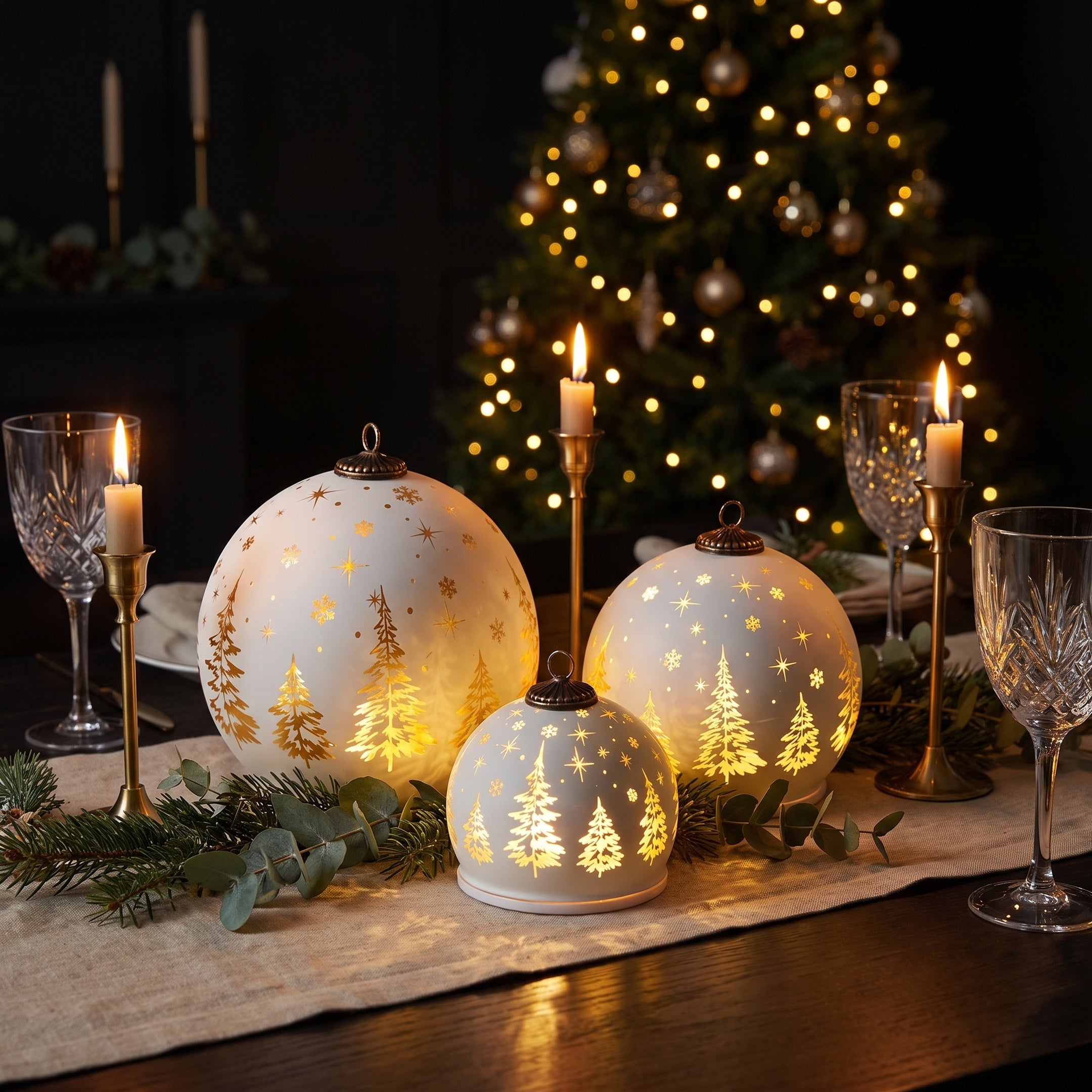 Christabelle 3 White Glass Christmas LED Light Up Spheres Gold Forest Table Decor Xmas Ornaments Battery Operated