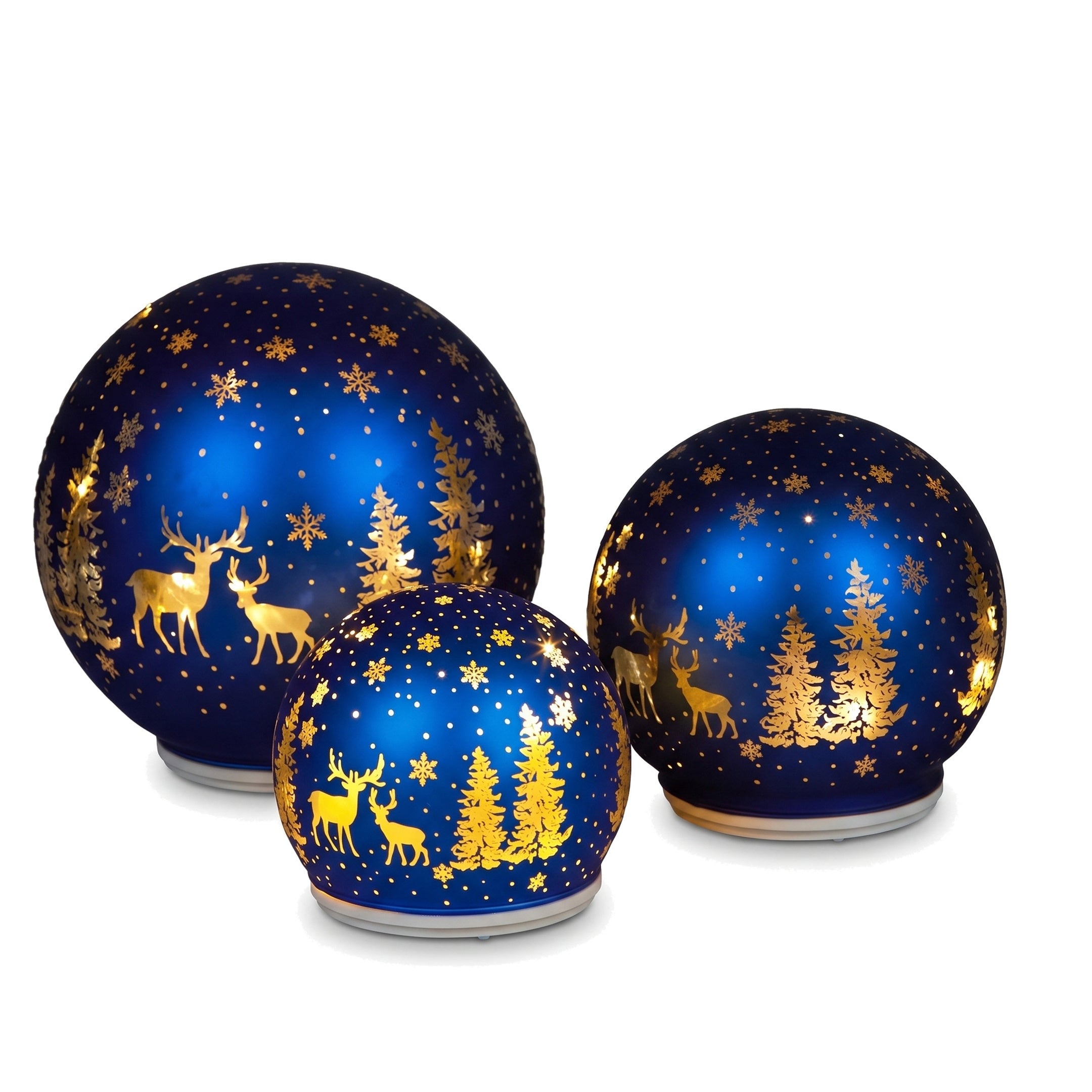 Christabelle 3 Royal Blue Glass Christmas LED Light Up Spheres Gold Forest Table Decor Xmas Ornaments Battery Operated
