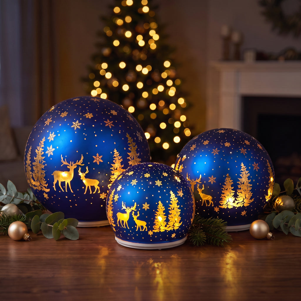 Christabelle 3 Royal Blue Glass Christmas LED Light Up Spheres Gold Forest Table Decor Xmas Ornaments Battery Operated