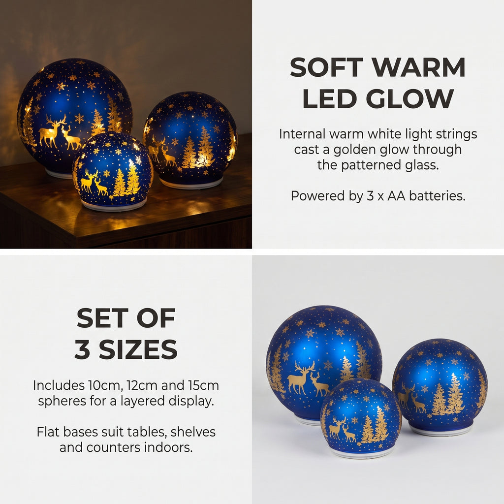 Christabelle 3 Royal Blue Glass Christmas LED Light Up Spheres Gold Forest Table Decor Xmas Ornaments Battery Operated