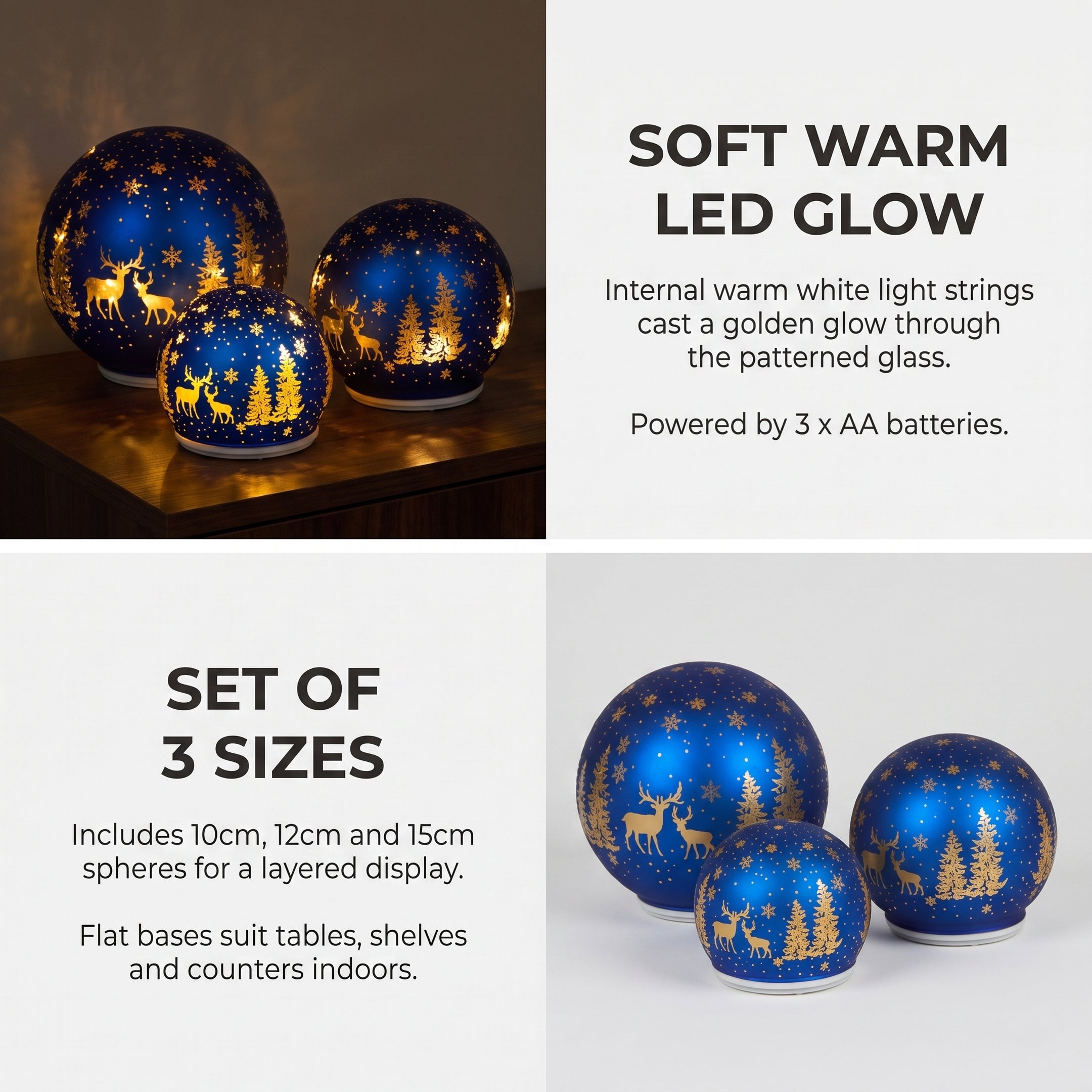 Christabelle 3 Royal Blue Glass Christmas LED Light Up Spheres Gold Forest Table Decor Xmas Ornaments Battery Operated