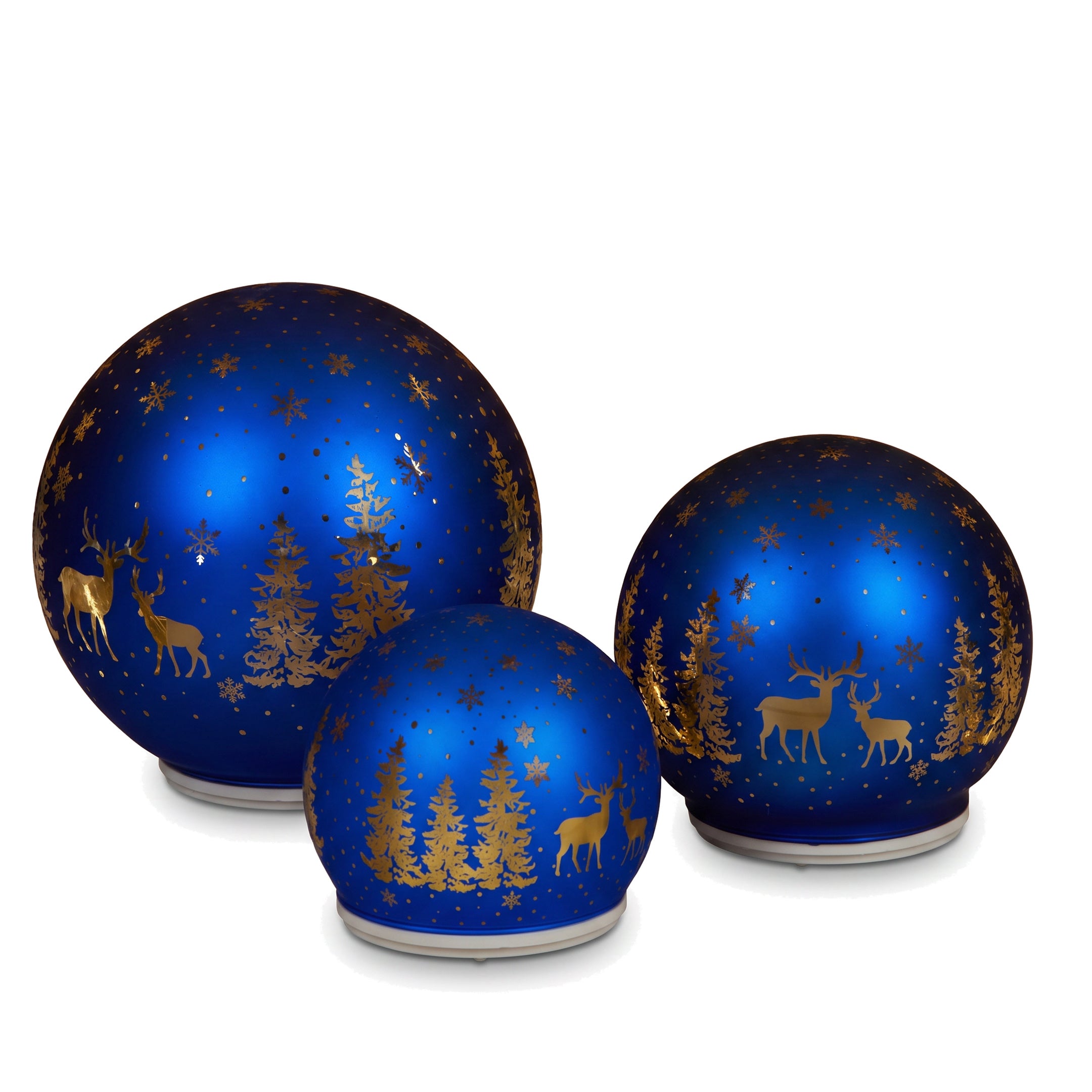 Christabelle 3 Royal Blue Glass Christmas LED Light Up Spheres Gold Forest Table Decor Xmas Ornaments Battery Operated