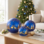 Christabelle 3 Royal Blue Glass Christmas LED Light Up Spheres Gold Forest Table Decor Xmas Ornaments Battery Operated