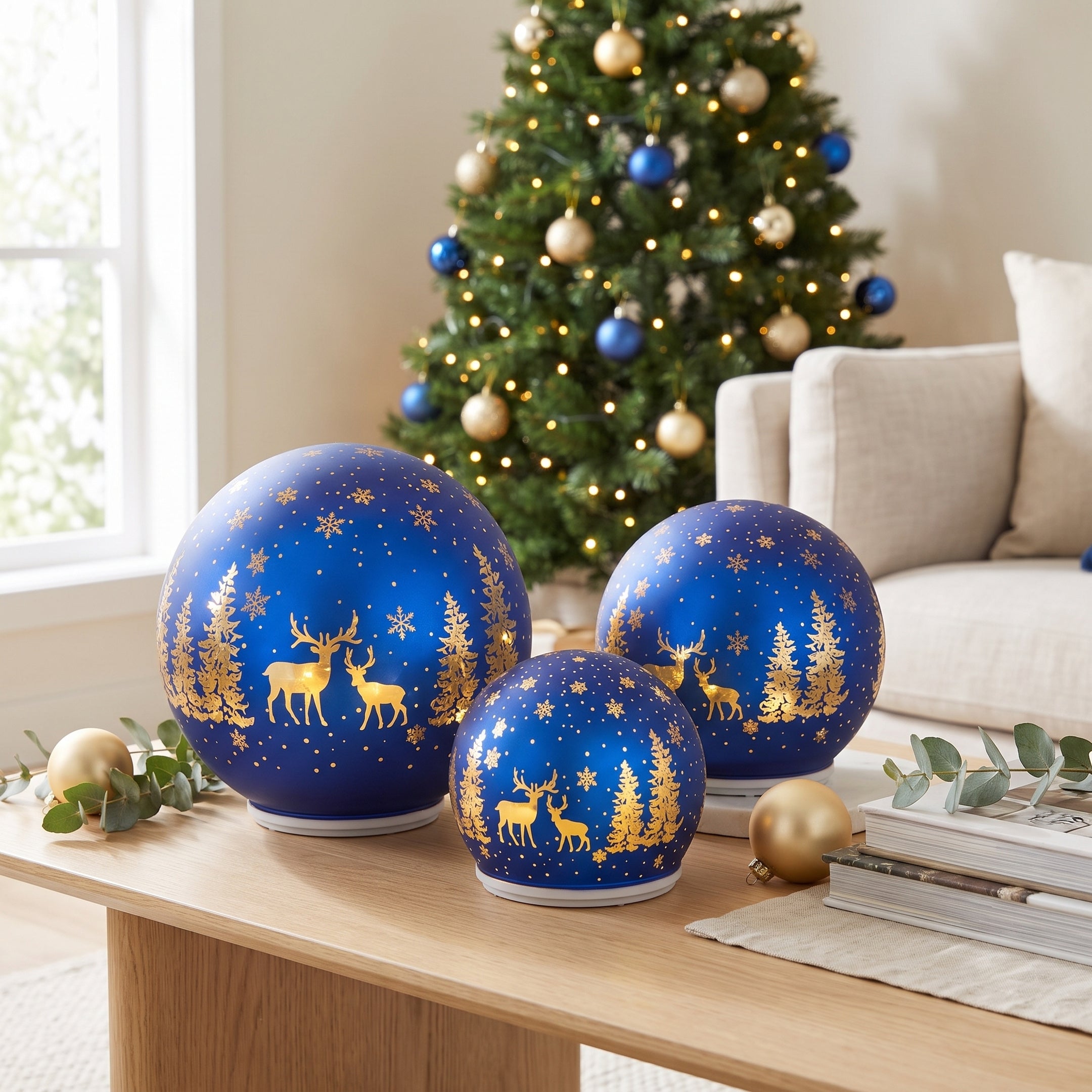 Christabelle 3 Royal Blue Glass Christmas LED Light Up Spheres Gold Forest Table Decor Xmas Ornaments Battery Operated