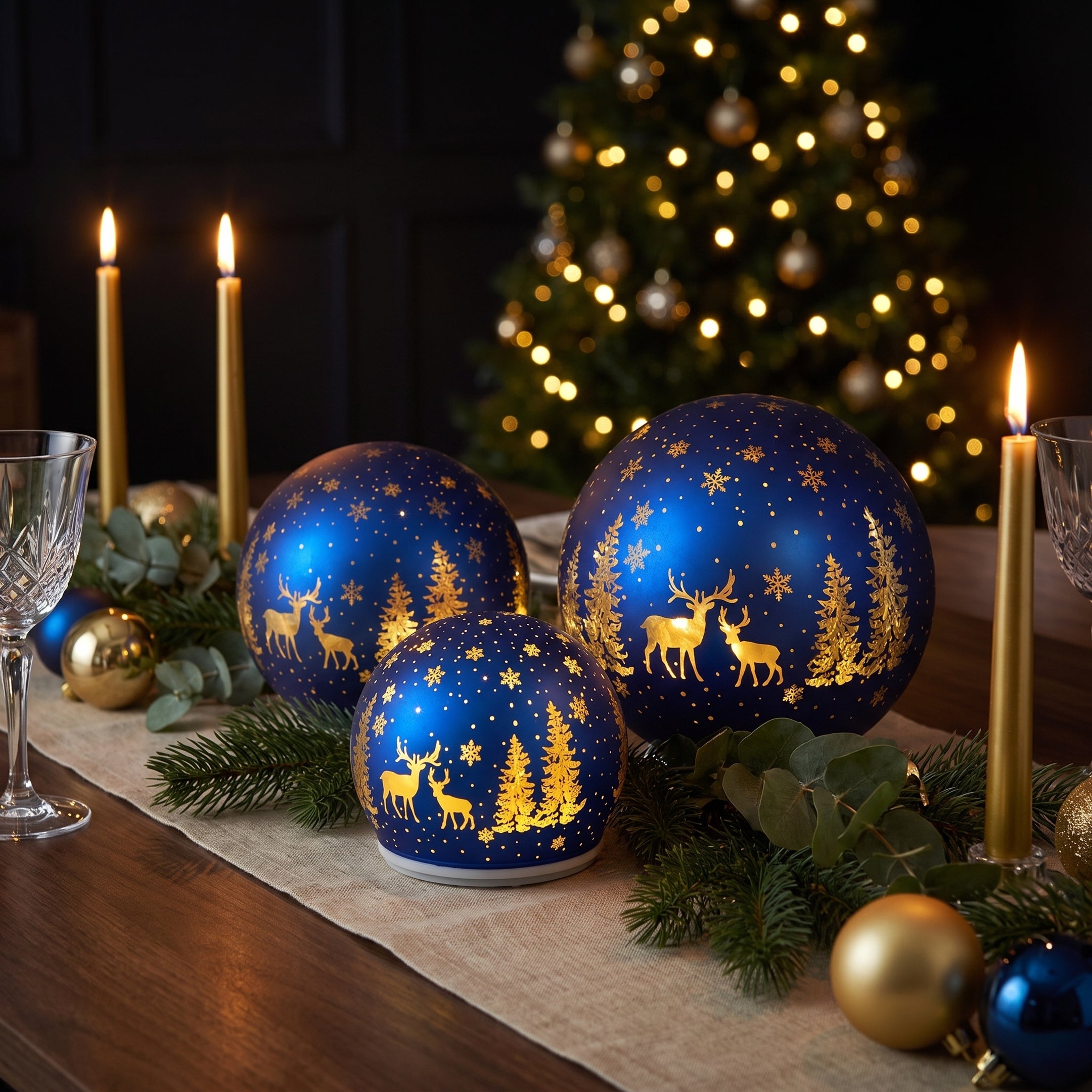 Christabelle 3 Royal Blue Glass Christmas LED Light Up Spheres Gold Forest Table Decor Xmas Ornaments Battery Operated