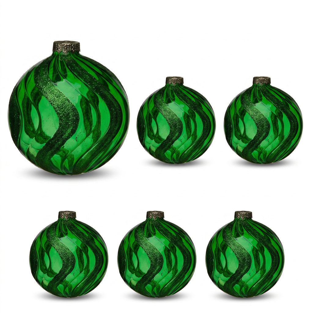 Christabelle 6 Green Glass Christmas Baubles Shimmer Wave 8cm Xmas Tree Decorations Hanging Ornaments Gift Boxed Set