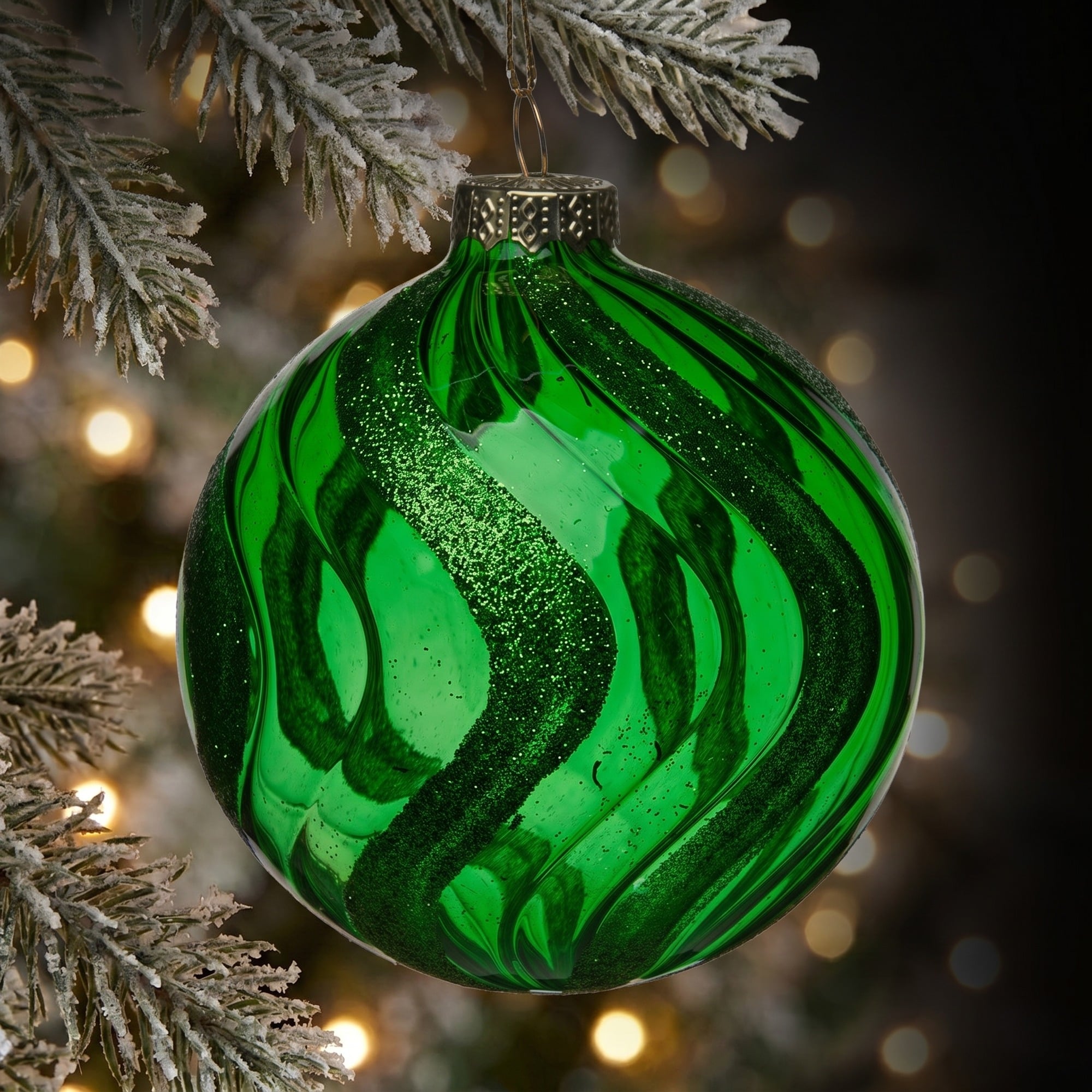 Christabelle 6 Green Glass Christmas Baubles Shimmer Wave 8cm Xmas Tree Decorations Hanging Ornaments Gift Boxed Set
