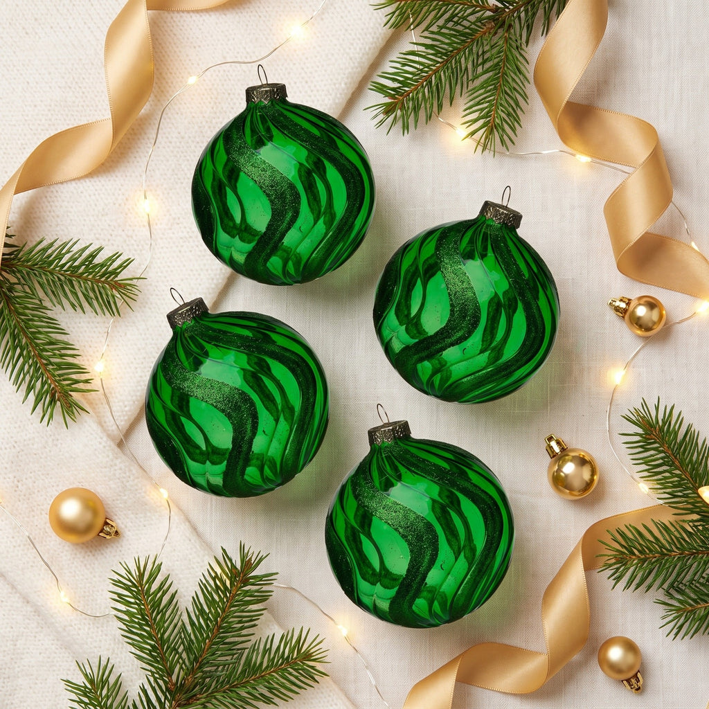 Christabelle 6 Green Glass Christmas Baubles Shimmer Wave 8cm Xmas Tree Decorations Hanging Ornaments Gift Boxed Set