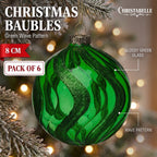 Christabelle 6 Green Glass Christmas Baubles Shimmer Wave 8cm Xmas Tree Decorations Hanging Ornaments Gift Boxed Set