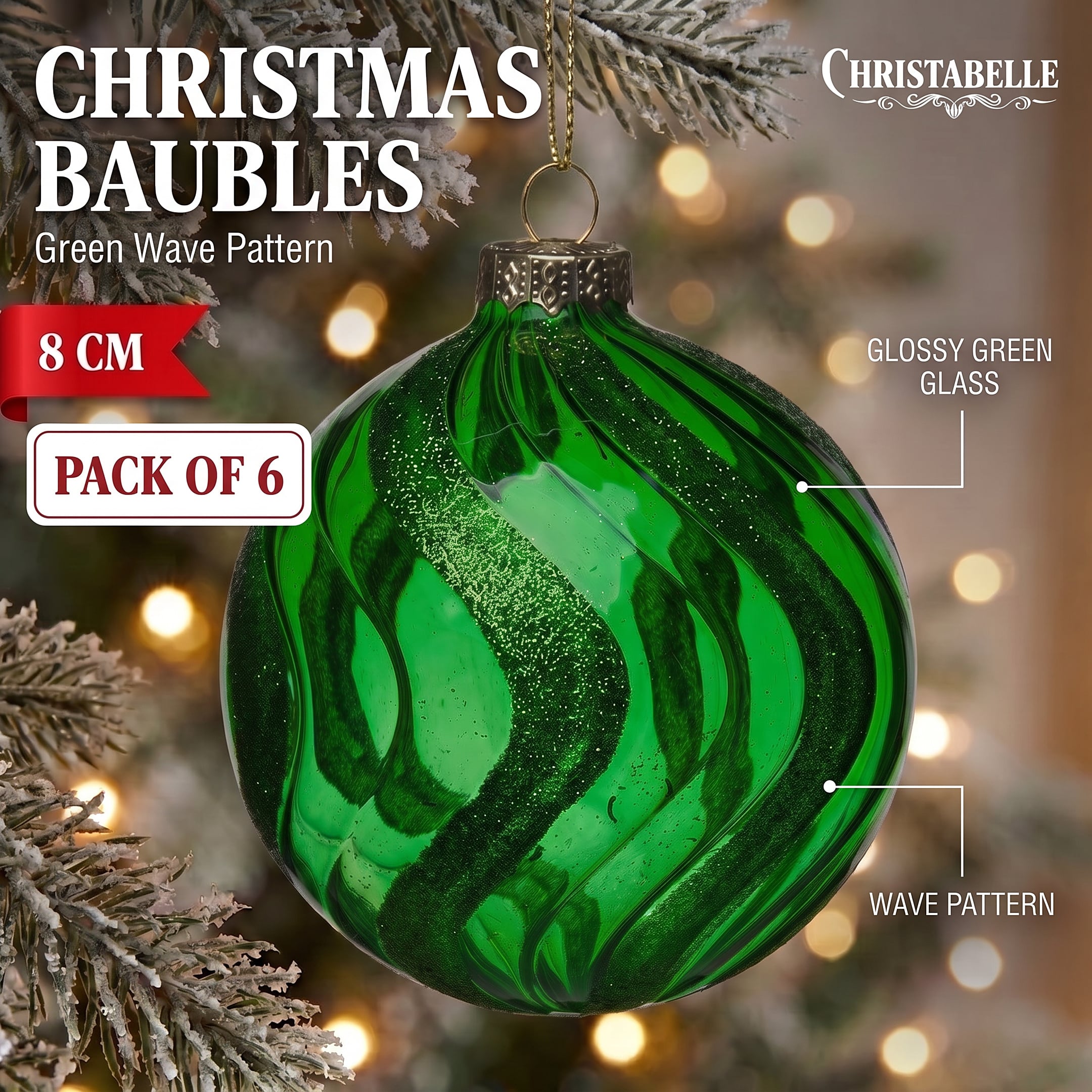 Christabelle 6 Green Glass Christmas Baubles Shimmer Wave 8cm Xmas Tree Decorations Hanging Ornaments Gift Boxed Set
