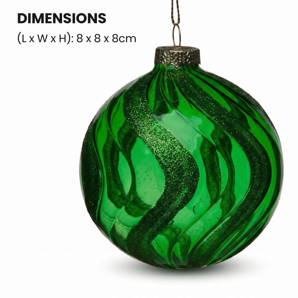 Christabelle 6 Green Glass Christmas Baubles Shimmer Wave 8cm Xmas Tree Decorations Hanging Ornaments Gift Boxed Set
