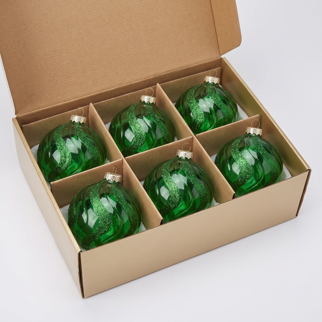 Christabelle 6 Green Glass Christmas Baubles Shimmer Wave 8cm Xmas Tree Decorations Hanging Ornaments Gift Boxed Set