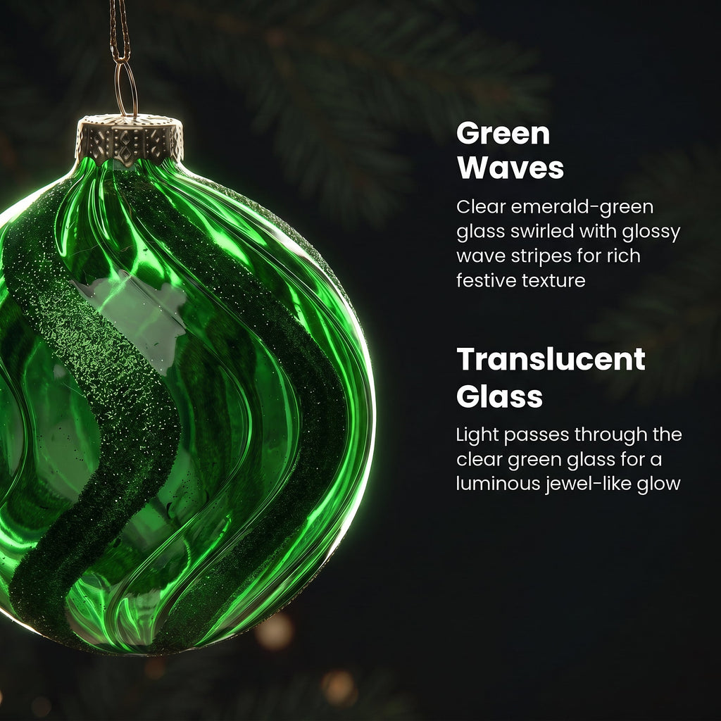 Christabelle 6 Green Glass Christmas Baubles Shimmer Wave 8cm Xmas Tree Decorations Hanging Ornaments Gift Boxed Set