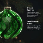 Christabelle 6 Green Glass Christmas Baubles Shimmer Wave 8cm Xmas Tree Decorations Hanging Ornaments Gift Boxed Set