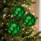 Christabelle 6 Green Glass Christmas Baubles Shimmer Wave 8cm Xmas Tree Decorations Hanging Ornaments Gift Boxed Set