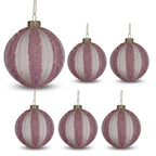 Christabelle 6 Dusty Pink Glass Christmas Baubles White Striped 8cm Xmas Tree Decorations Hanging Ornaments