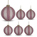 Christabelle 6 Dusty Pink Glass Christmas Baubles White Striped 8cm Xmas Tree Decorations Hanging Ornaments
