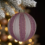 Christabelle 6 Dusty Pink Glass Christmas Baubles White Striped 8cm Xmas Tree Decorations Hanging Ornaments