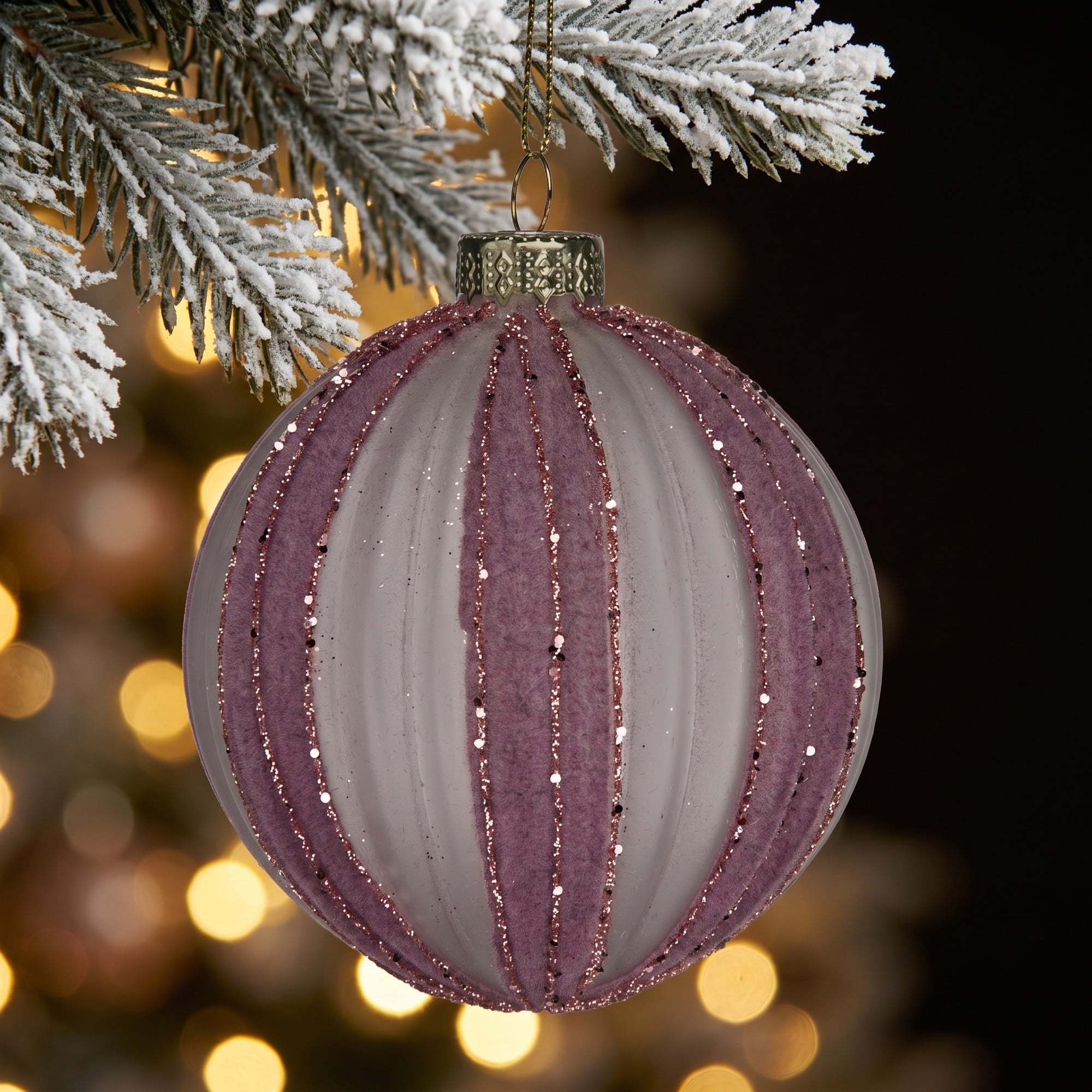 Christabelle 6 Dusty Pink Glass Christmas Baubles White Striped 8cm Xmas Tree Decorations Hanging Ornaments